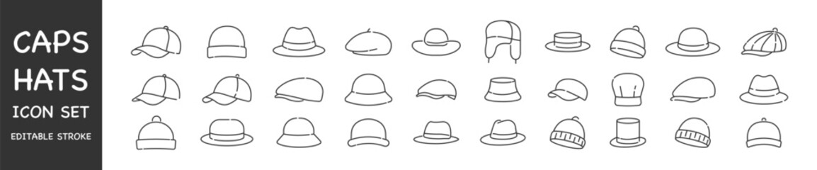 Hat and Cap icon set. Headwear outline icons. Editable stroke. Vector illustration