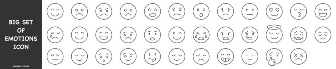 Set of emoticons. Emoji icon set. Editable stroke. Vector illustration