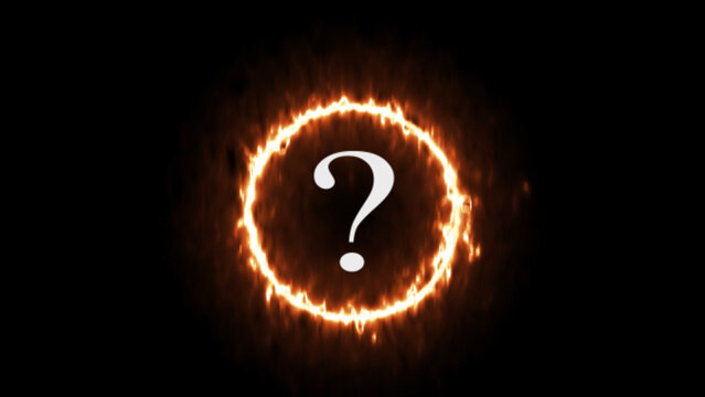 Enigmatic question mark enveloped in a fiery ring symbolizing uncertainty and intrigue