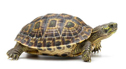 Obraz premium Isolated leopard tortoise walking on white background reptile pet exotic animal wildlife photography