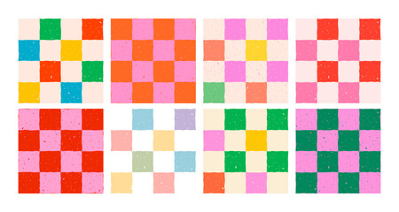 Colorful checker pattern backgrounds with red, pink, orange, green, blue, yellow, and pastel squares. Seamless playful vector patterns for wrapping, kids party decor or fabric. Drag to swatches panel