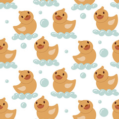 Packaging children's toy duck in foam with bubbles. Flat color seamless texture. Toy for water games. Cute illustration of children's toys. Retro-style packaging for children's products