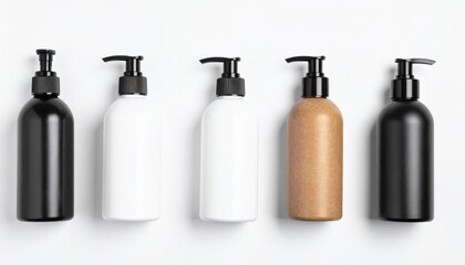 Five Pump Bottles in Black White and Brown Displayed Against White Surface