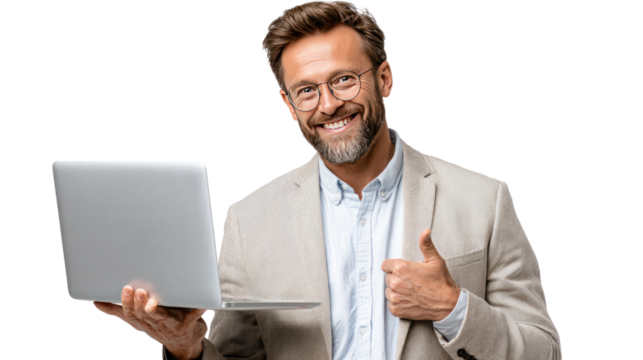 Professional with Laptop: A confident professional, glasses and a friendly smile, holds a laptop. A symbol of modern work.