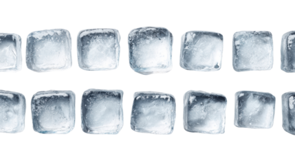Ice cubes arranged in a row on a white isolated background.