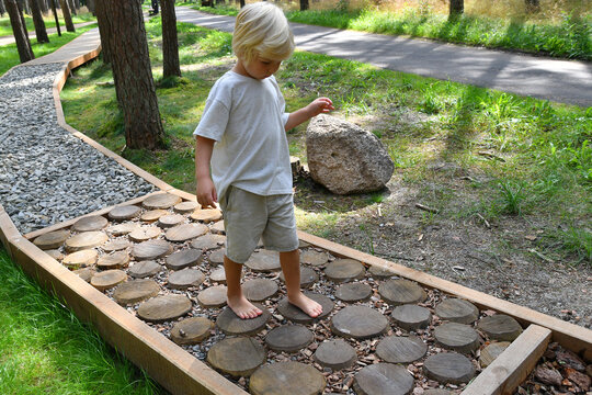 Barefoot boy walking on a sensory trail through a  pine forest