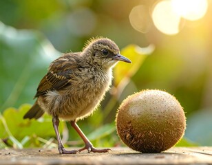 Baby bird near kiwi fruit