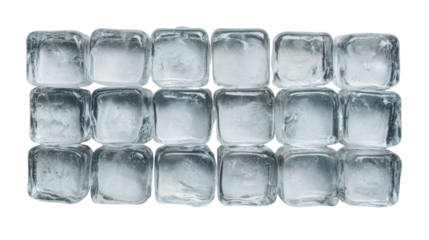 Ice cubes arranged neatly on a white isolated background, perfect for refreshing drinks.