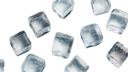Ice cubes scattered on a surface, perfect for refreshing beverages, on a white isolated background.