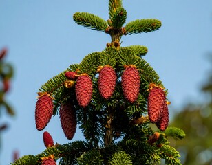 Close-up of red pine cones on a branch