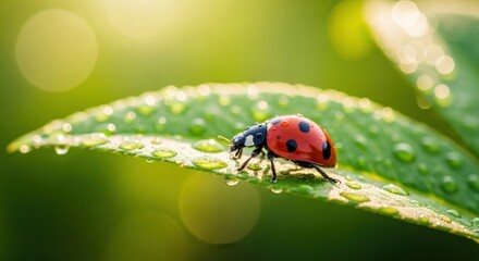 Obraz premium Ladybug on dewy leaf, bathed in sunlight