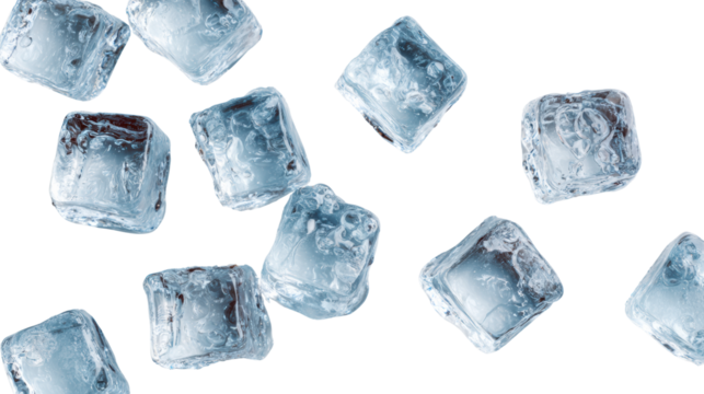 Ice cubes scattered over a white background, perfect for refreshing beverages and cocktails.