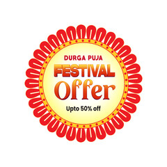 Durga Puja festival sale sticker featuring vibrant colors, festive typography, and ornamental design elements. Ideal for seasonal marketing, retail packaging, social media promotions, and print.