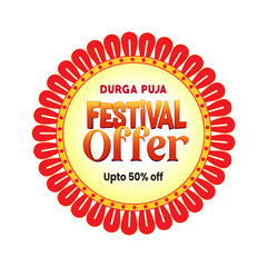 Durga Puja festival sale sticker featuring vibrant colors, festive typography, and ornamental design elements. Ideal for seasonal marketing, retail packaging, social media promotions, and print.