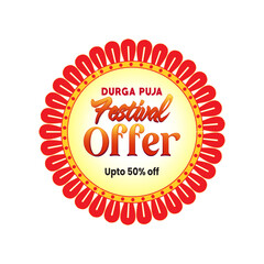 Durga Puja festival sale sticker featuring vibrant colors, festive typography, and ornamental design elements. Ideal for seasonal marketing, retail packaging, social media promotions, and print.