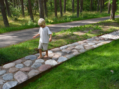 Barefoot boy walking on a sensory trail through a sunny pine forest in summer