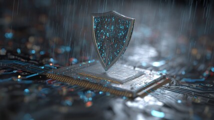 Futuristic shield hovering above computer chip with binary rain