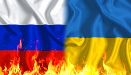 Russian and Ukrainian flags side by side with flames at the bottom, symbolizing conflict, war, and geopolitical tension.