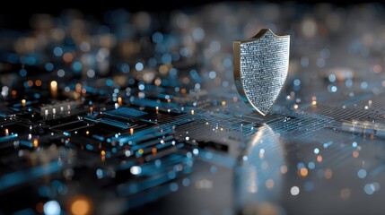 Futuristic shield hovering above computer chip with binary rain