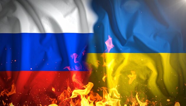 Russian and Ukrainian flags side by side with flames at the bottom, symbolizing conflict, war, and geopolitical tension.