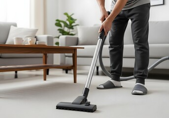 Fototapeta premium Man doing household chores, using a vacuum cleaner to clean the carpet in a contemporary living room