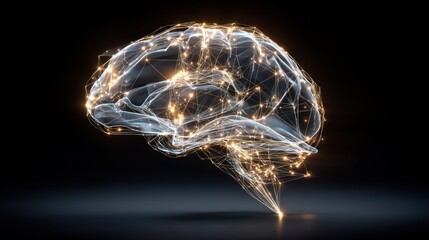 Futuristic wireframe brain with neon lines and digital particles