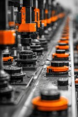 A long line of miniature vehicles, meticulously arranged in rows, showcases vibrant orange details against a grayscale background