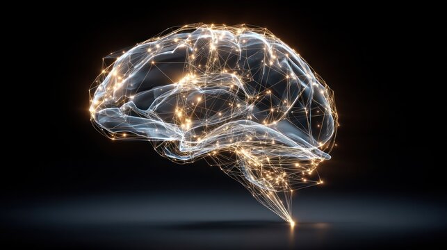 Futuristic wireframe brain with neon lines and digital particles