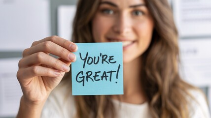 Woman holding blue sticky note with you’re great message, positive encouragement, motivation and appreciation.