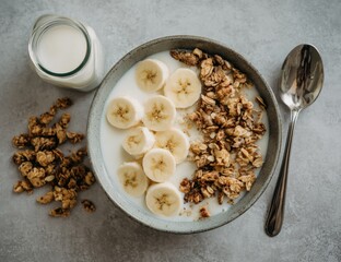 Fototapeta premium Cereal bowl with milk, bananas, and granola