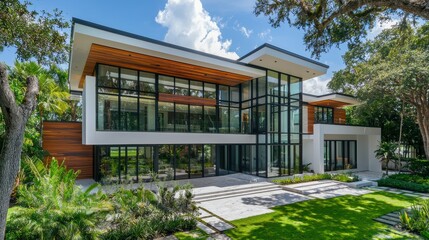 Obraz premium Modern Luxury Home with Glass and Wood Facade