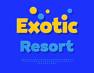 Obraz premium Vector Travel template Exotic Resort. Blue Sticker Font. Decorative Alphabet Letters and Numbers set.