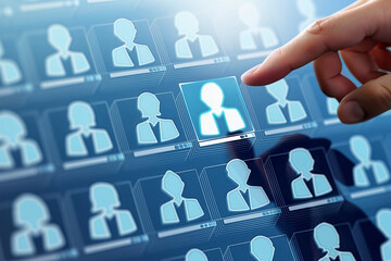 Customer relationship management CRM concept. Customer data and marketing database system. Businessman touching customer icon.