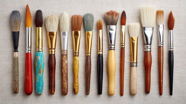 Assorted paintbrushes on linen, studio table, overhead view, art supplies - Powered by Adobe