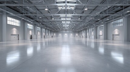 Naklejka premium Spacious Empty Warehouse Interior with Polished Concrete Floor and Natural Light from Skylights and Windows