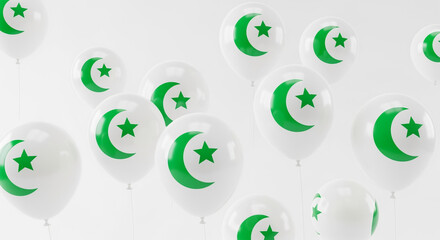 Celebrate algeria independence day with green crescent and star balloons on white background for national pride