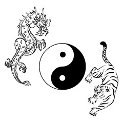 Yin and Yang symbol, Dragon and Tiger, Feng Shui elements, black line drawing, white background