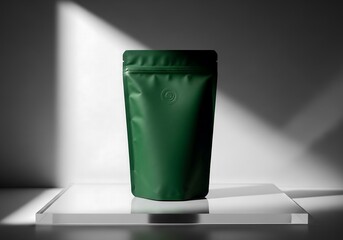 Deep green stand-up pouch on reflective acrylic surface, studio packaging photography for premium organic product advertising