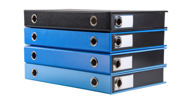 Stack of black and blue binder files arranged neatly, ideal for office organization.