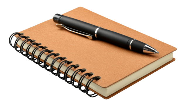 Spiral notebook with a black pen on a white isolated background.