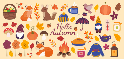 Autumn cute animal set for thanksgiving and harvest season. Autumn food and animal. Thanksgiving pie and pumpkin, leaf and animal for cute design. Cartoon vector illustration