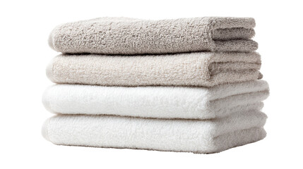 Stack of soft towels in neutral colors on a white isolated background.