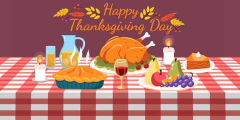 Autumn cute food poster set for thanksgiving and harvest season. Autumn food and turkey. Thanksgiving pie and turkey, lemonade and fruit for holiday design. Cartoon vector illustration