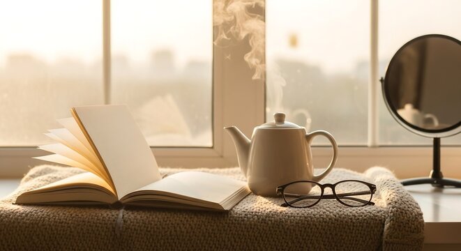 Open notebook with ceramic teapot and reading glasses, beige knitted throw by window, lifestyle photography for mindful living branding