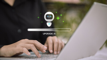 Artificial intelligence upgrade process with progress bar and robot icon