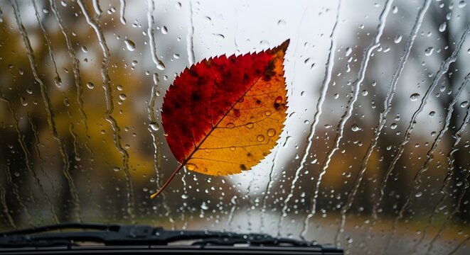 A colorful leaf stuck to a car windshield covered in raindrops on a rainy autumn day scene outside