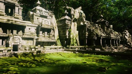 The ancient temple ruins, covered in moss and embraced by thick jungle, showcase intricate stone carvings. Sunlight filters through the trees, illuminating the serene surroundings.