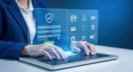 Secure Online Payment Processing: Businesswoman Enters Credit Card Information for Digital Transaction on Laptop