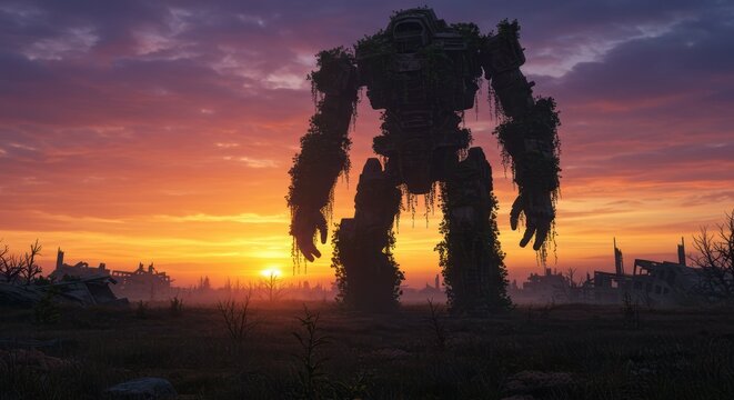Giant robot overgrown with foliage stands in ruined landscape at sunset