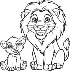 Obraz premium Charming lion king coloring page with cub silhouette line art illustration stock photos royalty free image premium quality